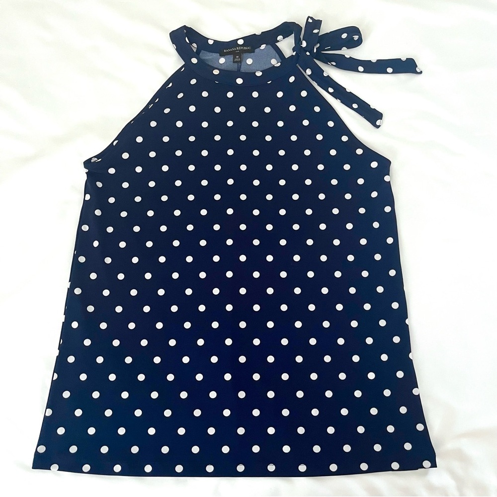 Banana Republic Tank Top Navy Polka Dot Tie-Neck M